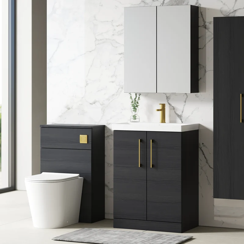 Lana 600mm Floorstanding 2 Door Vanity Unit & Basin - Charcoal Black Woodgrain