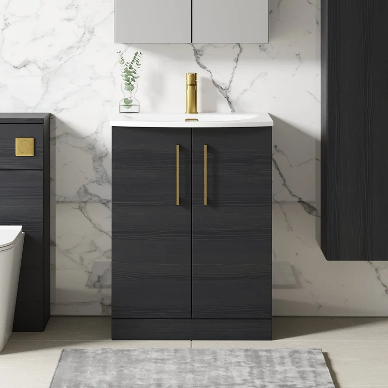 Lana 600mm Floorstanding 2 Door Vanity Unit & Basin - Charcoal Black Woodgrain