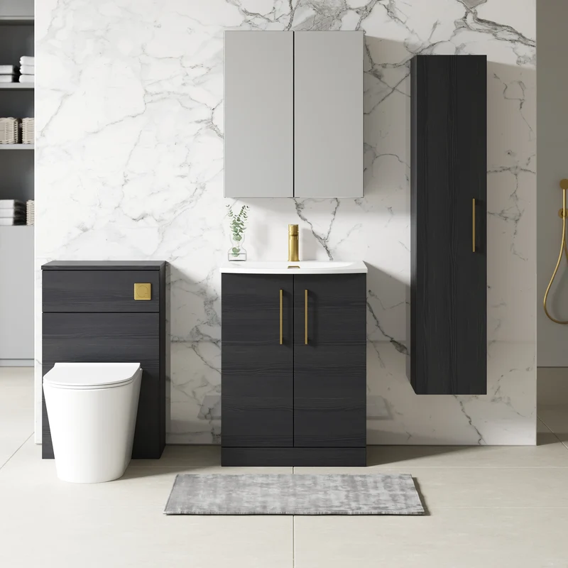 Lana 600mm Floorstanding 2 Door Vanity Unit & Basin - Charcoal Black Woodgrain