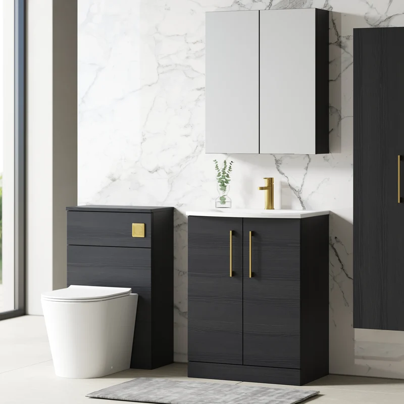 Lana 600mm Floorstanding 2 Door Vanity Unit & Basin - Charcoal Black Woodgrain