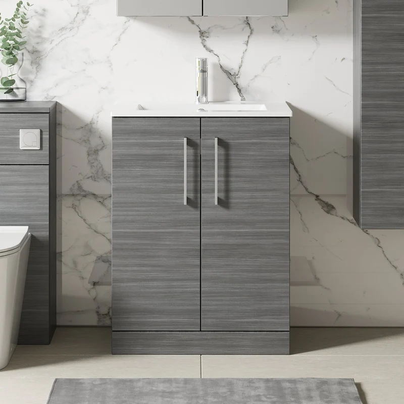 Lana 600mm Floorstanding 2 Door Vanity Unit & Basin - Anthracite Woodgrain