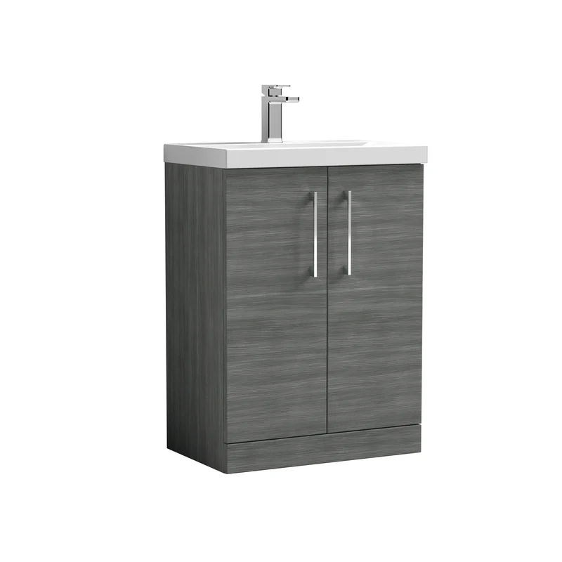 Lana 600mm Floorstanding 2 Door Vanity Unit & Basin - Anthracite Woodgrain