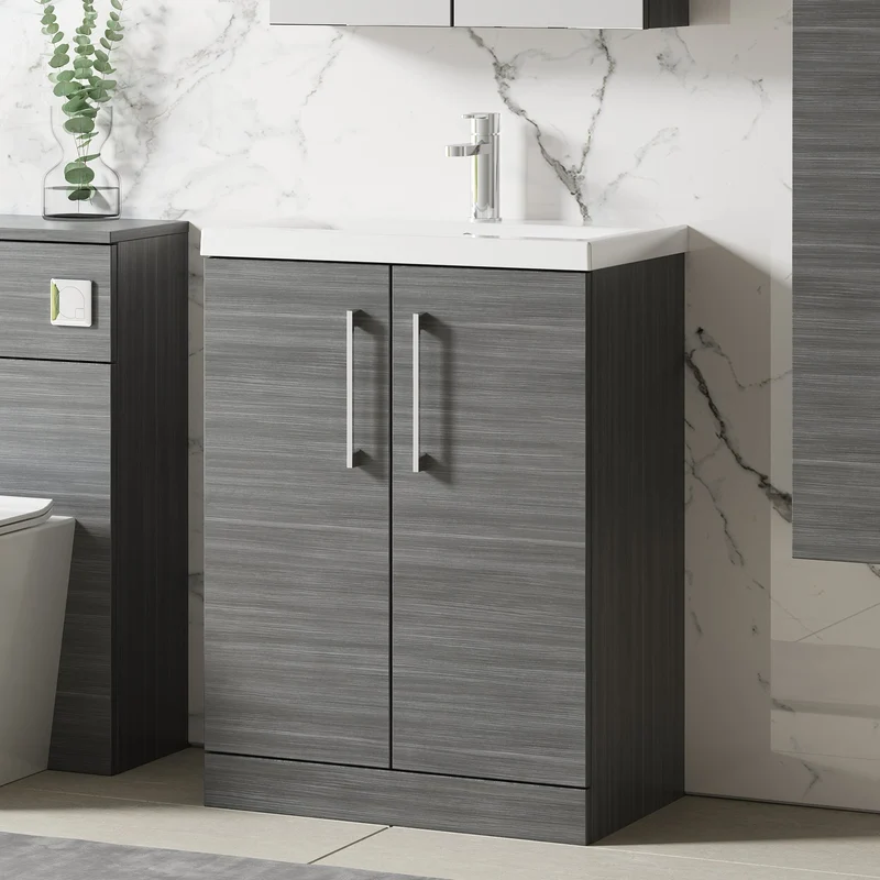 Lana 600mm Floorstanding 2 Door Vanity Unit & Basin - Anthracite Woodgrain