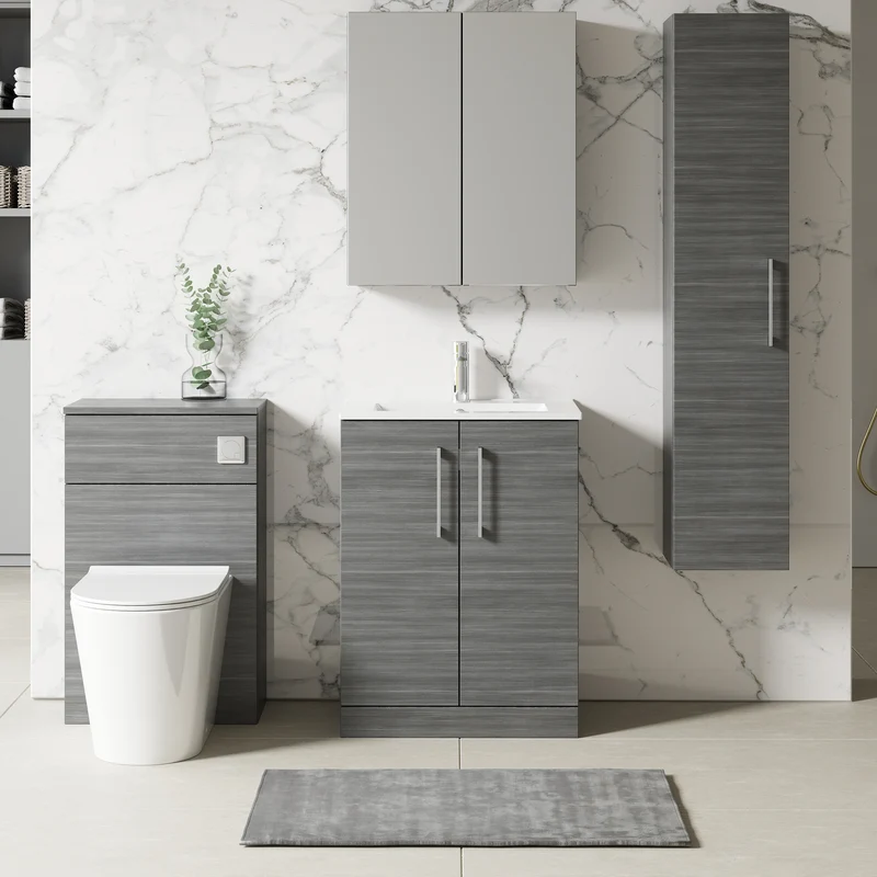 Lana 600mm Floorstanding 2 Door Vanity Unit & Basin - Anthracite Woodgrain