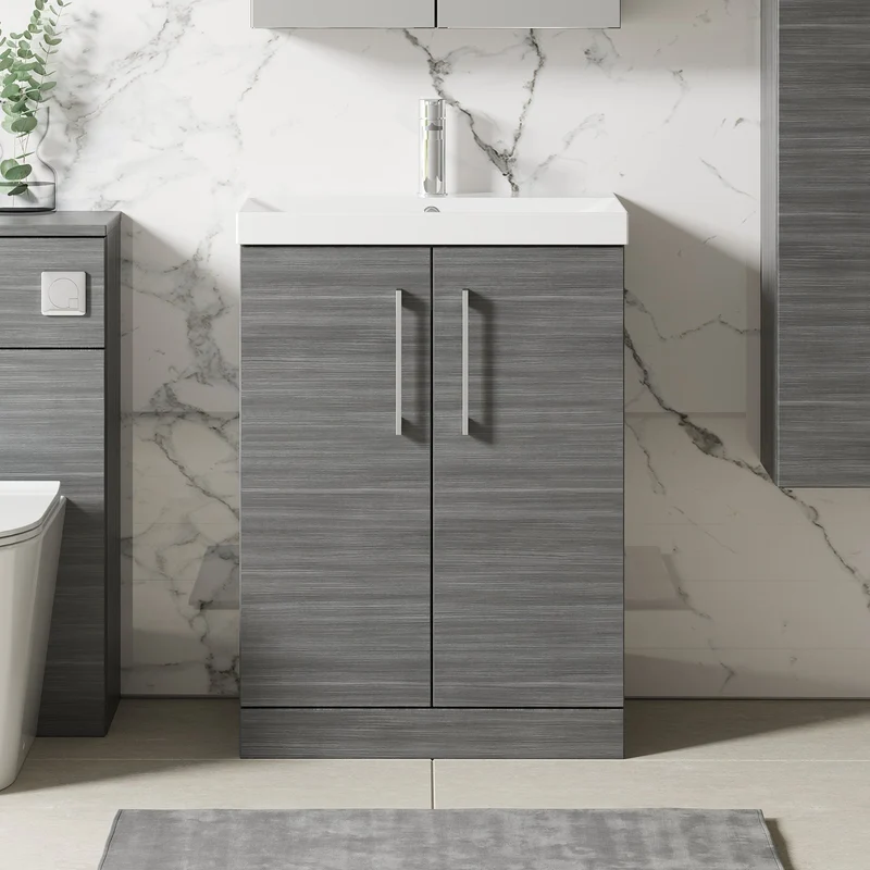 Lana 600mm Floorstanding 2 Door Vanity Unit & Basin - Anthracite Woodgrain