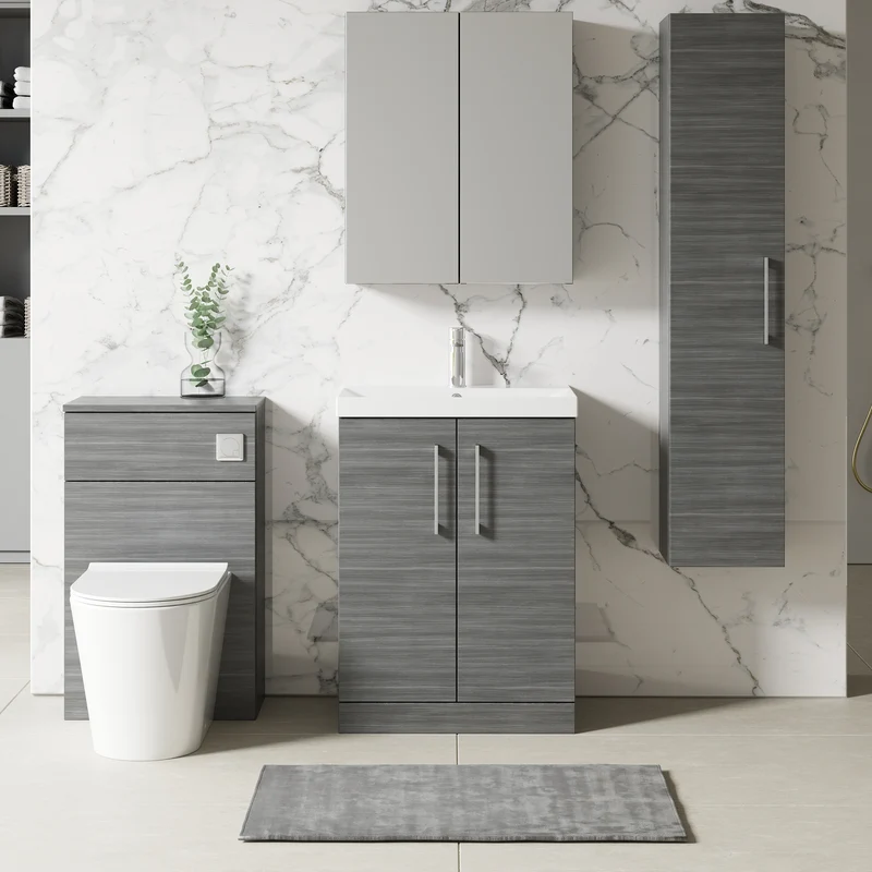 Lana 600mm Floorstanding 2 Door Vanity Unit & Basin - Anthracite Woodgrain