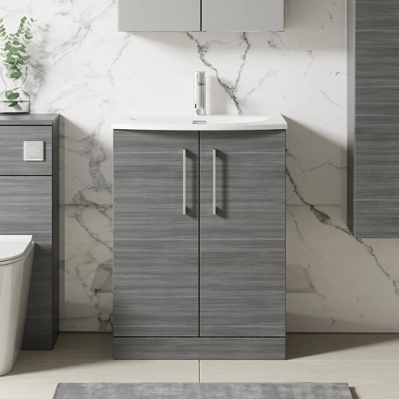 Lana 600mm Floorstanding 2 Door Vanity Unit & Basin - Anthracite Woodgrain