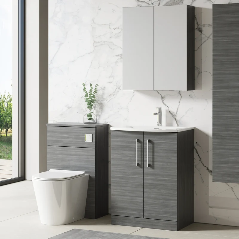 Lana 600mm Floorstanding 2 Door Vanity Unit & Basin - Anthracite Woodgrain