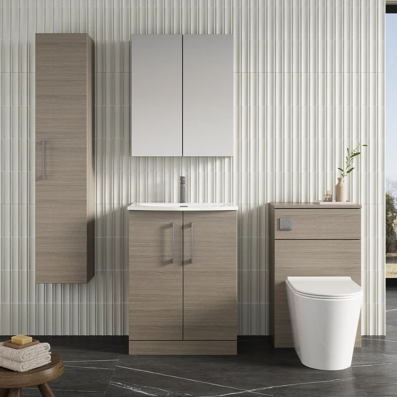 Lana 600mm Floorstanding 2 Door Vanity Unit & Basin - Solace Oak