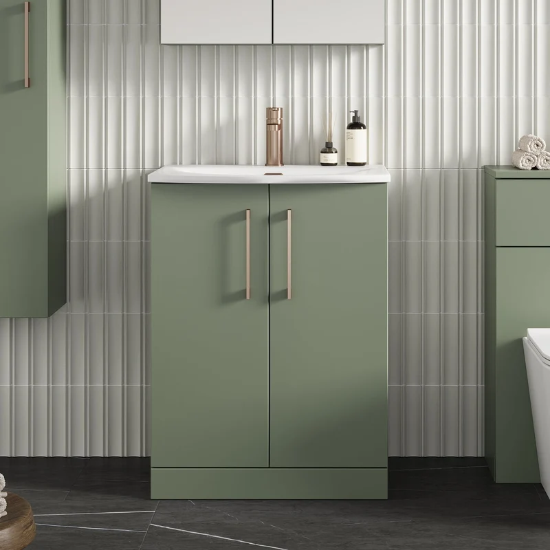 Lana 600mm Floorstanding 2 Door Vanity Unit & Basin - Satin Green