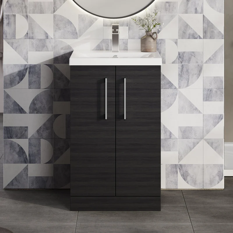 Lana 500mm Floorstanding 2 Door Vanity Unit & Basin - Charcoal Black Woodgrain