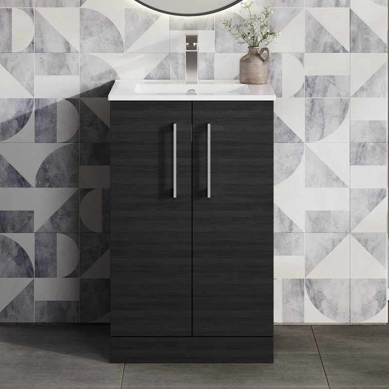 Lana 500mm Floorstanding 2 Door Vanity Unit & Basin - Charcoal Black Woodgrain