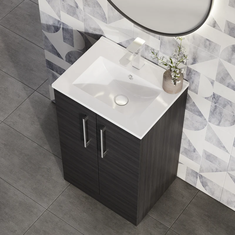 Lana 500mm Floorstanding 2 Door Vanity Unit & Basin - Charcoal Black Woodgrain