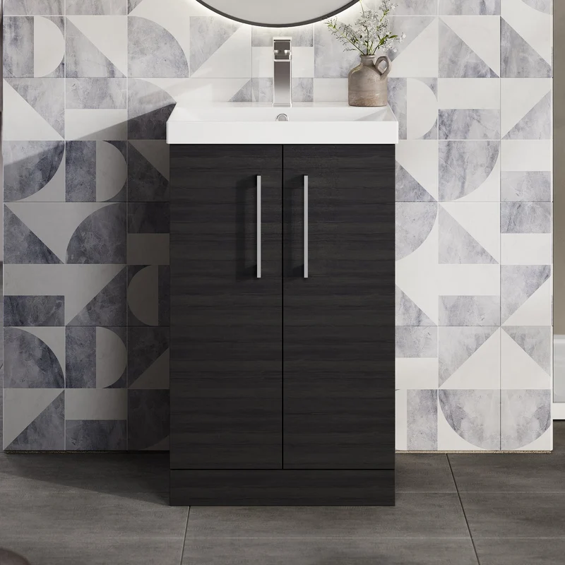 Lana 500mm Floorstanding 2 Door Vanity Unit & Basin - Charcoal Black Woodgrain