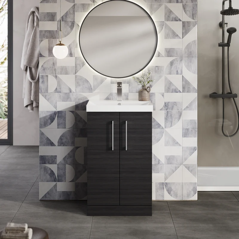 Lana 500mm Floorstanding 2 Door Vanity Unit & Basin - Charcoal Black Woodgrain