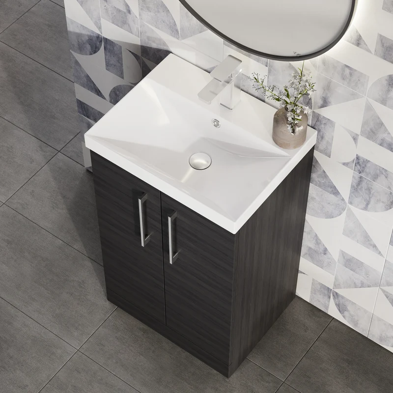 Lana 500mm Floorstanding 2 Door Vanity Unit & Basin - Charcoal Black Woodgrain