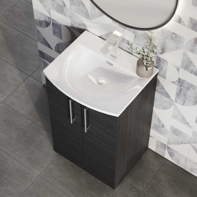 Lana 500mm Floorstanding 2 Door Vanity Unit & Basin - Charcoal Black Woodgrain
