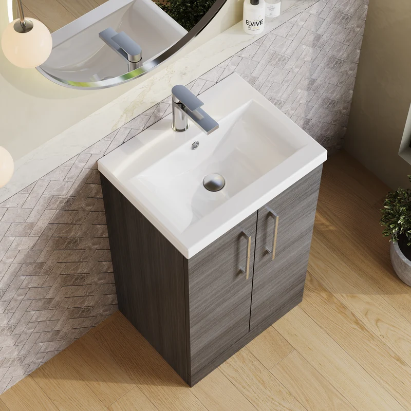 Lana 500mm Floorstanding 2 Door Vanity Unit & Basin - Anthracite Woodgrain