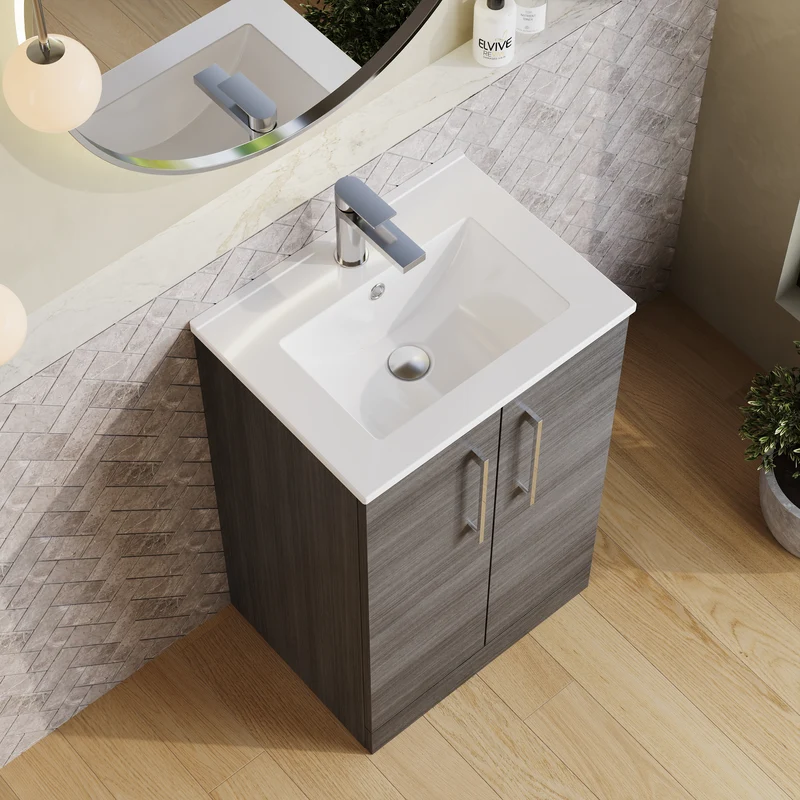 Lana 500mm Floorstanding 2 Door Vanity Unit & Basin - Anthracite Woodgrain