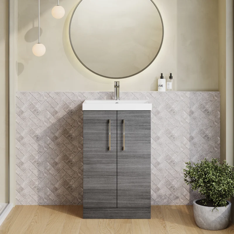 Lana 500mm Floorstanding 2 Door Vanity Unit & Basin - Anthracite Woodgrain