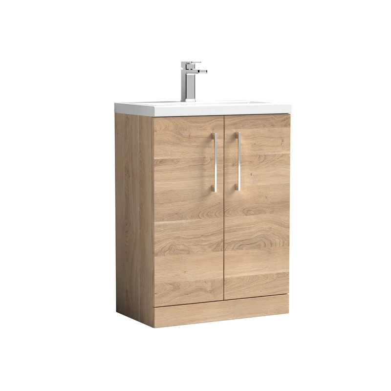 Lana Compact 600mm Floorstanding 2 Door Vanity Unit & Basin - Bleached Oak