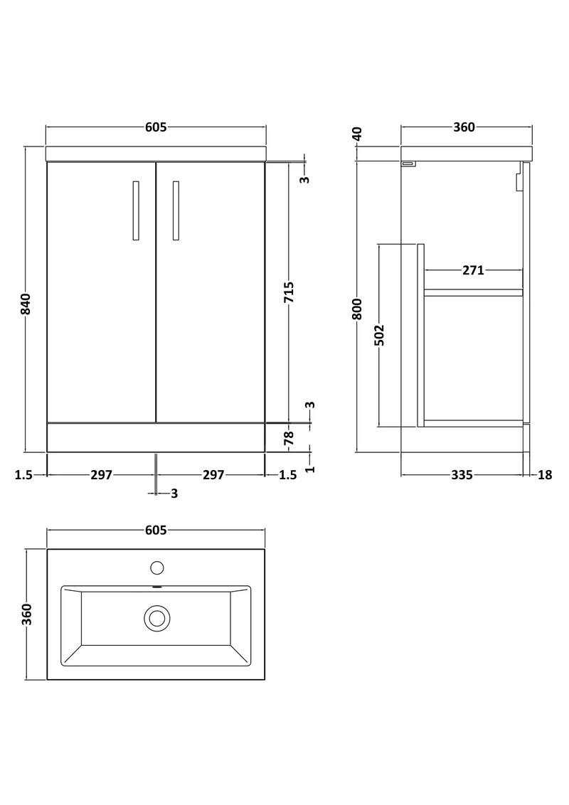 Lana Compact 600mm Floorstanding 2 Door Vanity Unit & Basin - Satin Soft Black