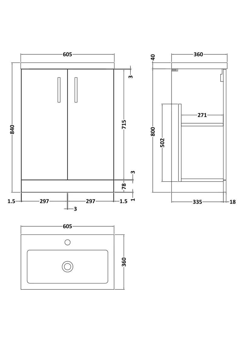 Lana Compact 600mm Floorstanding 2 Door Vanity Unit & Basin - Satin Grey
