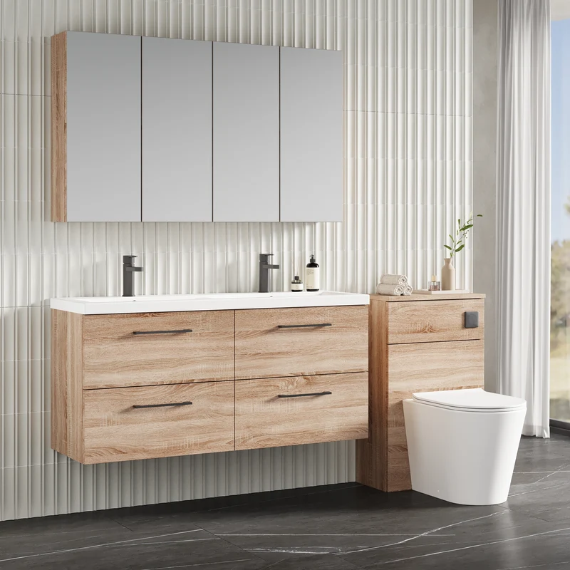 Lana 1200mm Wall Hung 4 Drawer Vanity Unit & Double Basin - Bleached Oak