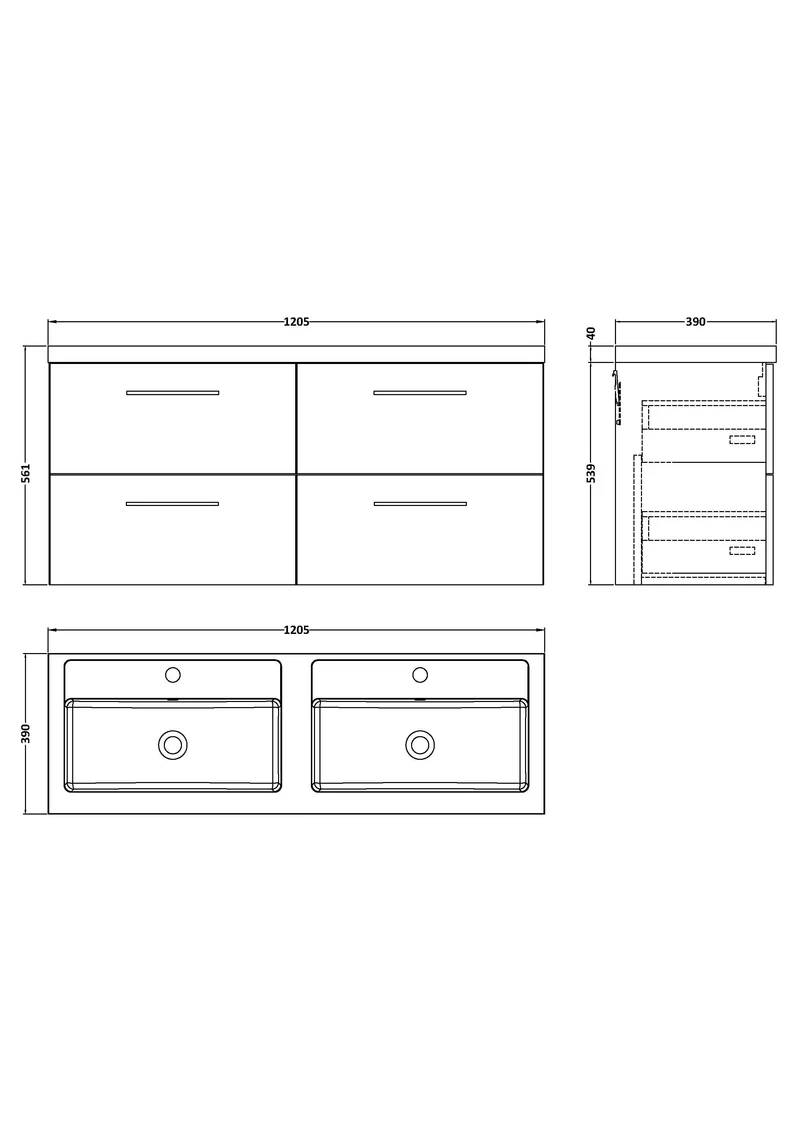 Lana 1200mm Wall Hung 4 Drawer Vanity Unit & Double Basin - Satin Soft Black
