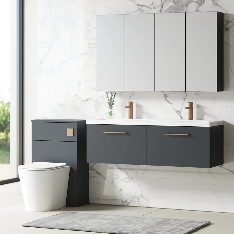 Lana 1200mm Wall Hung 2 Drawer Vanity Unit & Double Basin - Satin Soft Black