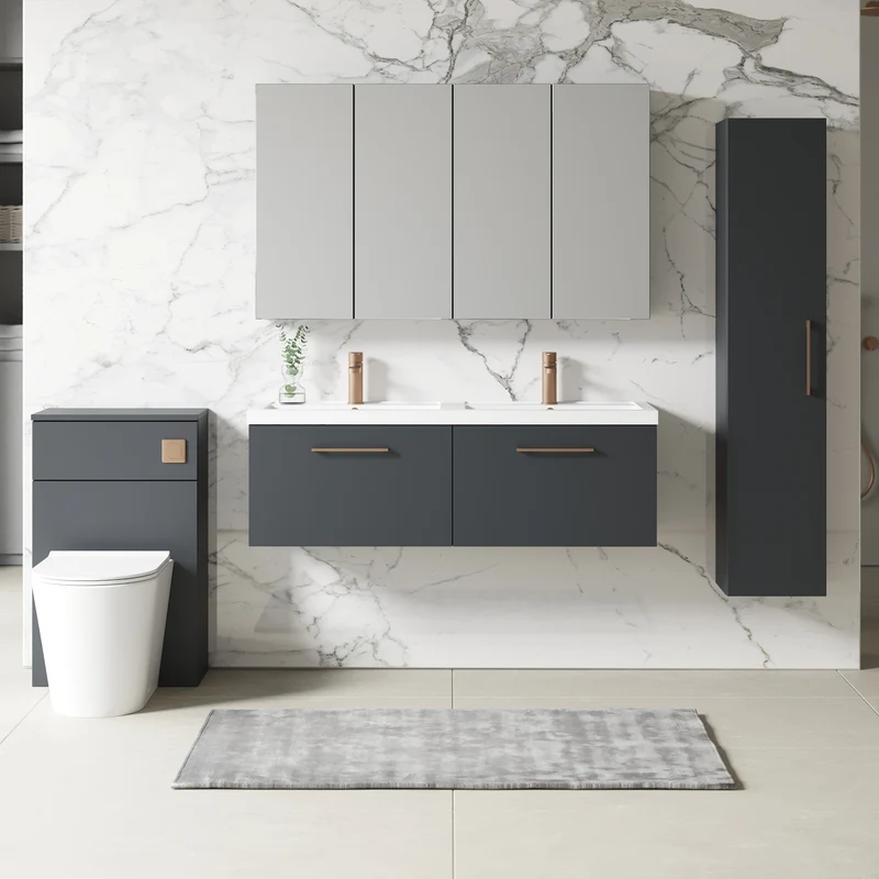 Lana 1200mm Wall Hung 2 Drawer Vanity Unit & Double Basin - Satin Soft Black