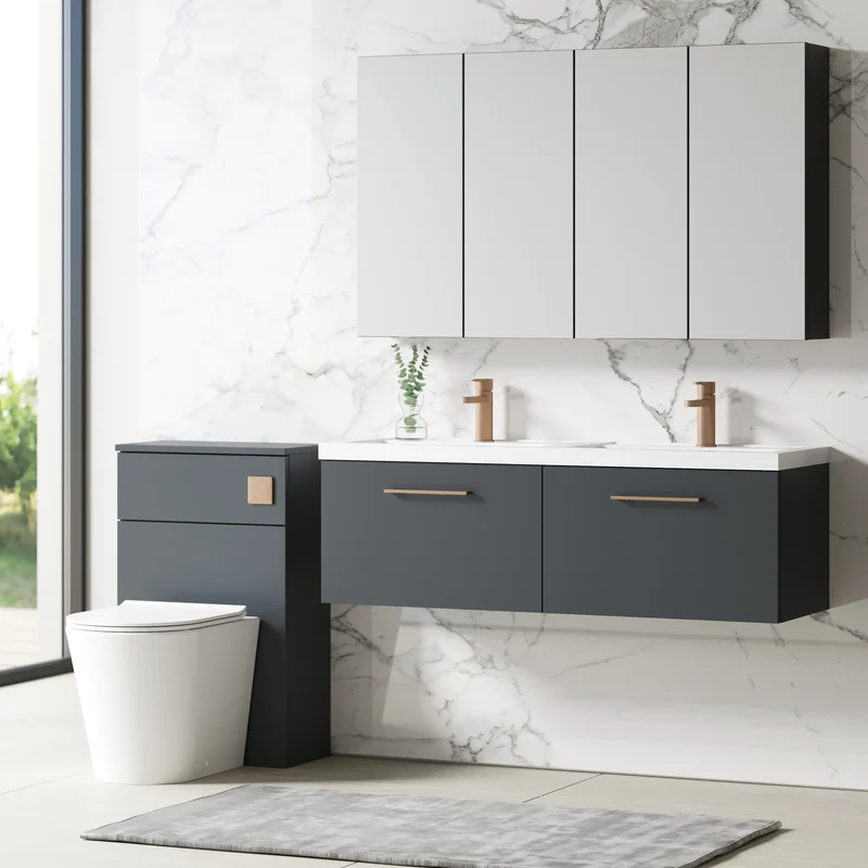 Lana 1200mm Wall Hung 2 Drawer Vanity Unit & Double Basin - Satin Soft Black