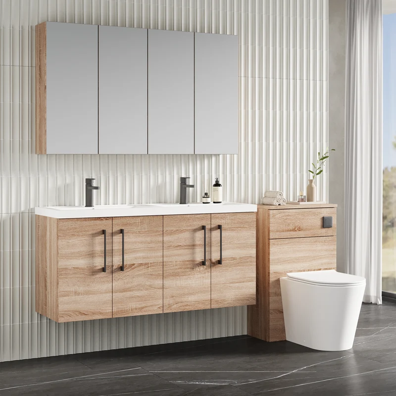 Lana 1200mm Wall Hung 4 Door Vanity Unit & Double Basin - Bleached Oak
