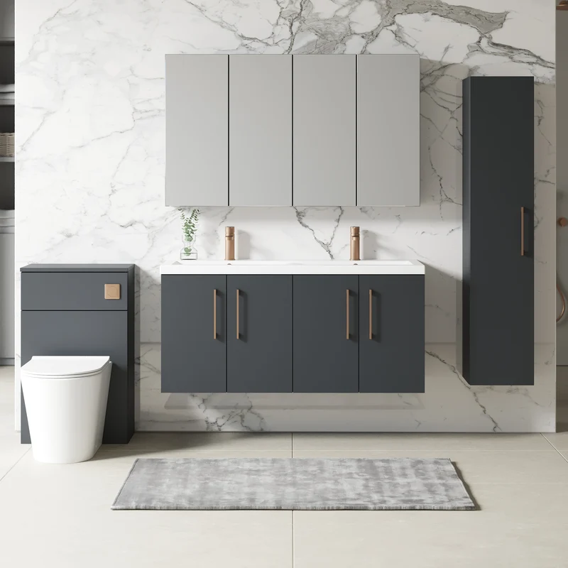 Lana 1200mm Wall Hung 4 Door Vanity Unit & Double Basin - Satin Soft Black