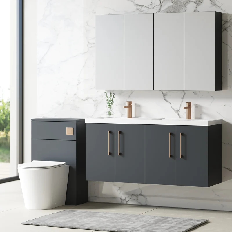 Lana 1200mm Wall Hung 4 Door Vanity Unit & Double Basin - Satin Soft Black