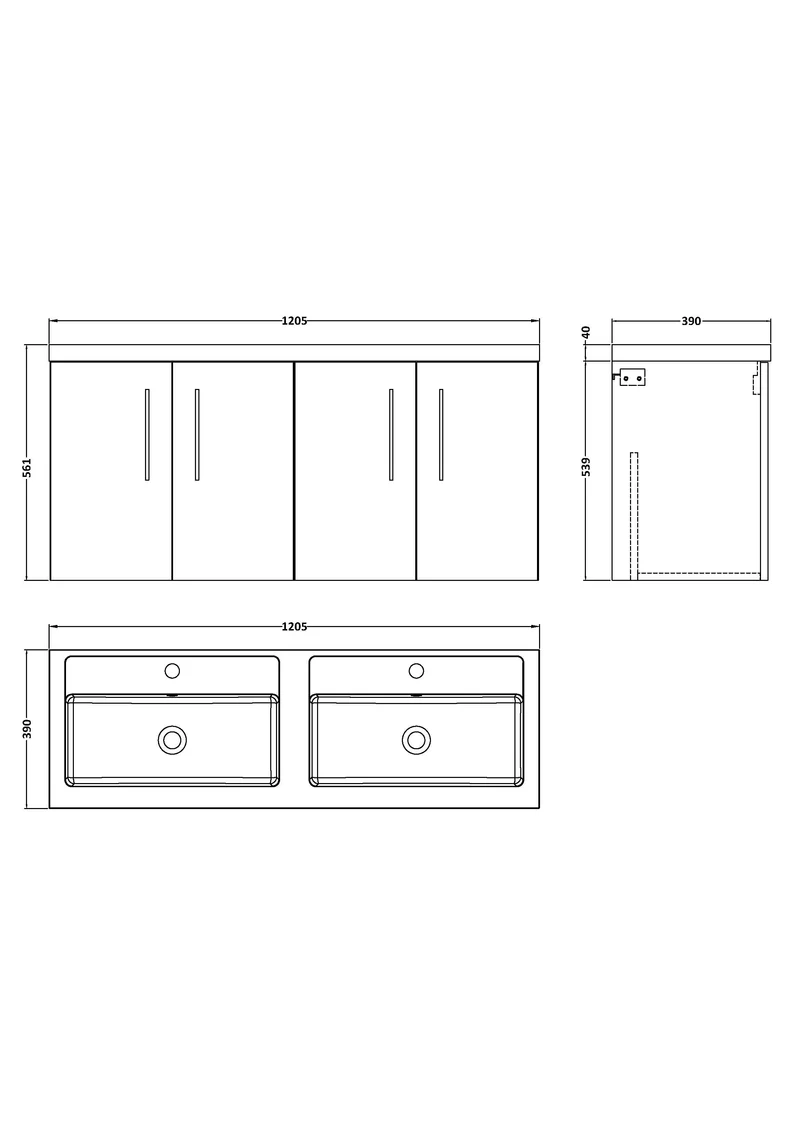 Lana 1200mm Wall Hung 4 Door Vanity Unit & Double Basin - Satin Grey