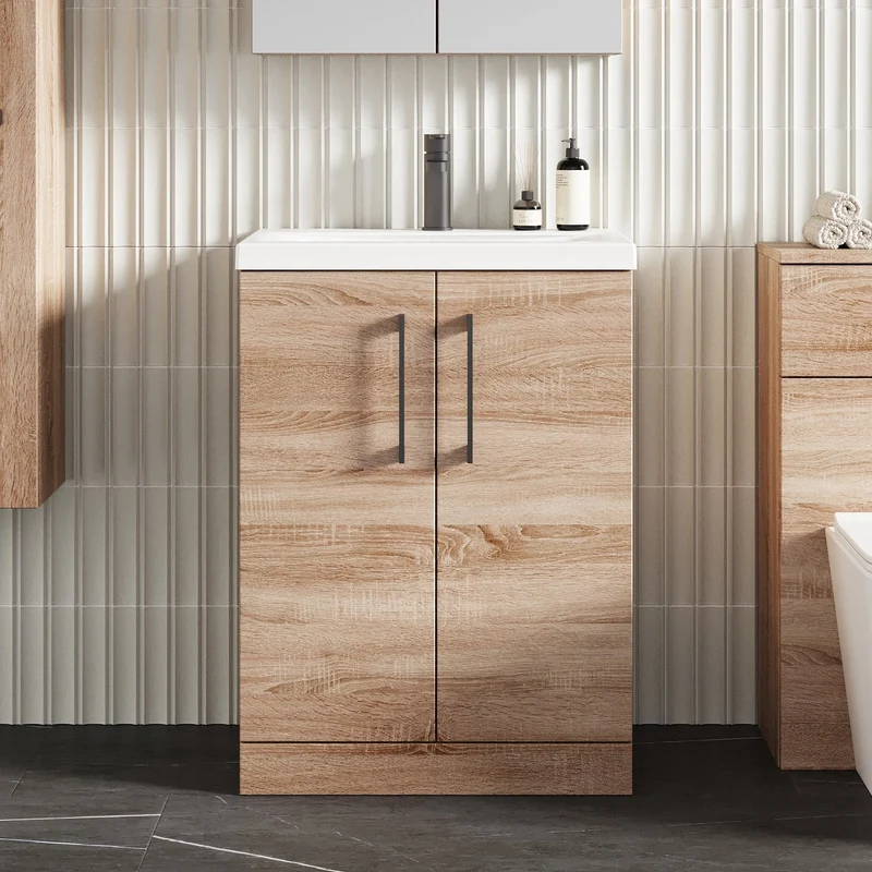 Lana 600mm Floorstanding 2 Door Vanity Unit & Basin - Bleached Oak