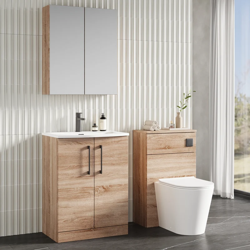 Lana 600mm Floorstanding 2 Door Vanity Unit & Basin - Bleached Oak