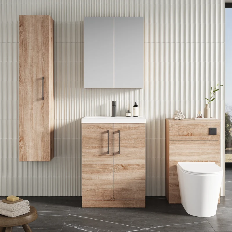 Lana 600mm Floorstanding 2 Door Vanity Unit & Basin - Bleached Oak