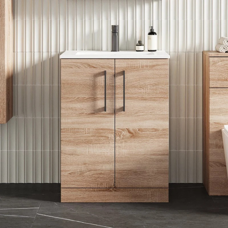 Lana 600mm Floorstanding 2 Door Vanity Unit & Basin - Bleached Oak