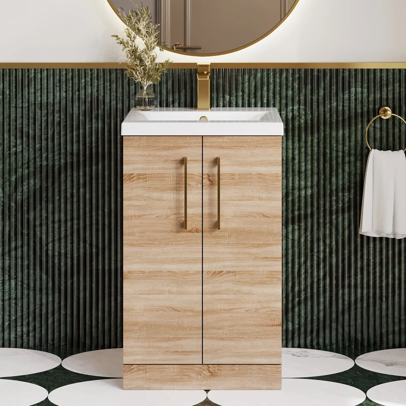 Lana 500mm Floorstanding 2 Door Vanity Unit & Basin - Bleached Oak