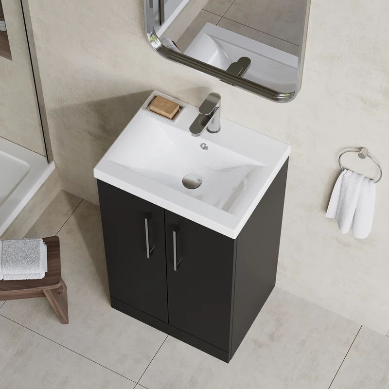 Lana 500mm Floorstanding 2 Door Vanity Unit & Basin - Satin Soft Black