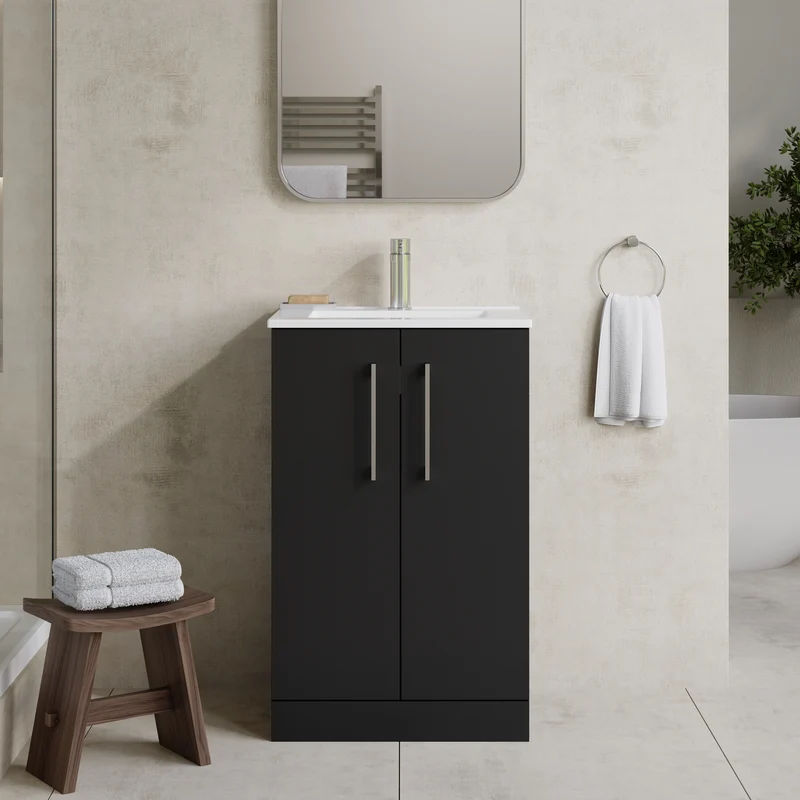 Lana 500mm Floorstanding 2 Door Vanity Unit & Basin - Satin Soft Black