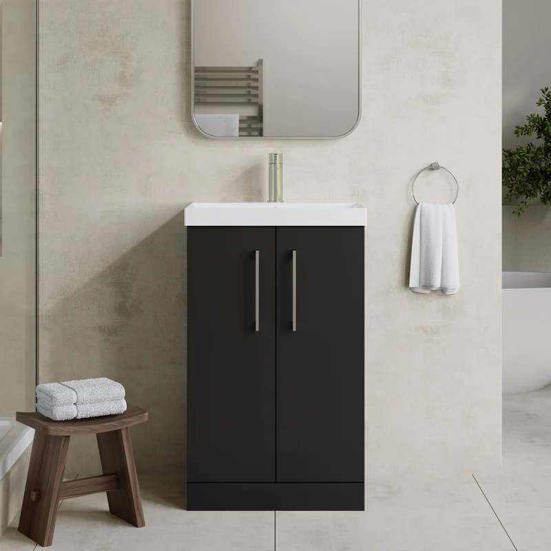 Lana 500mm Floorstanding 2 Door Vanity Unit & Basin - Satin Soft Black