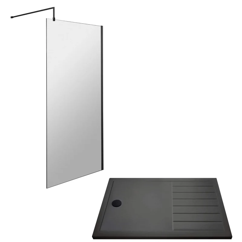 Vista 8mm Matt Black 1950mm Walk-In Shower Screen with Slate Effect Walk In Tray & Waste Bundle