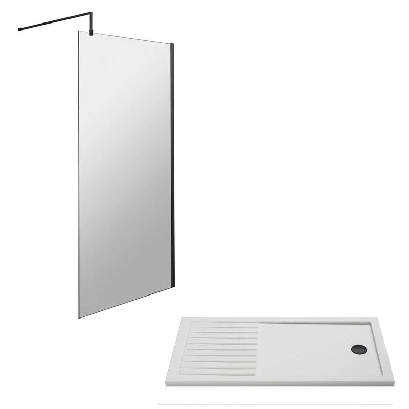 Vista 8mm Matt Black 1950mm Walk-In Shower Screen with Slip-Resistant Walk In Tray & Waste Bundle