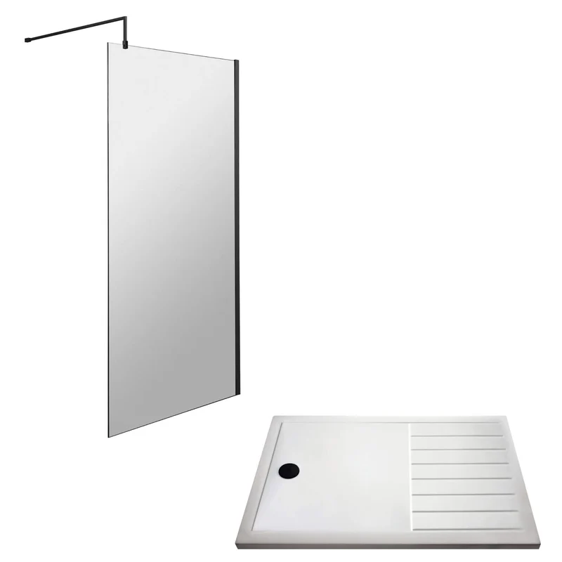 Vista 8mm Matt Black 1950mm Walk-In Shower Screen with White Walk In Tray & Waste Bundle