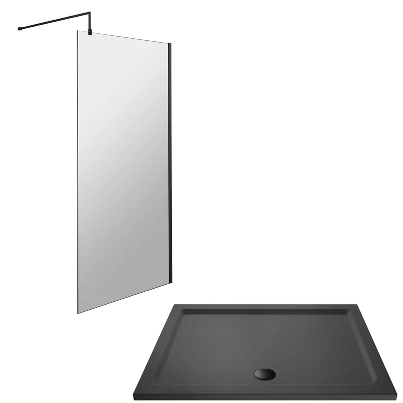 Vista 8mm Matt Black 1950mm Walk-In Shower Screen with Slate Effect Stone Resin Tray & Waste Bundle