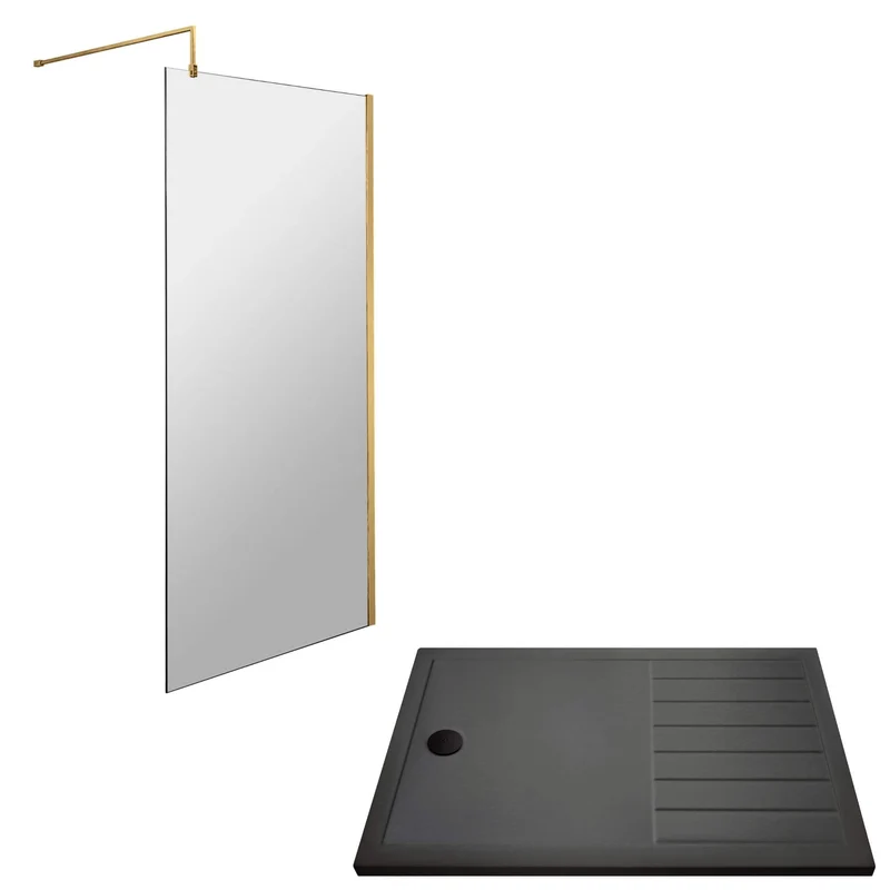 Vista 8mm Brushed Brass 1950mm Walk-In Shower Screen with Slate Effect Walk In Tray & Waste Bundle
