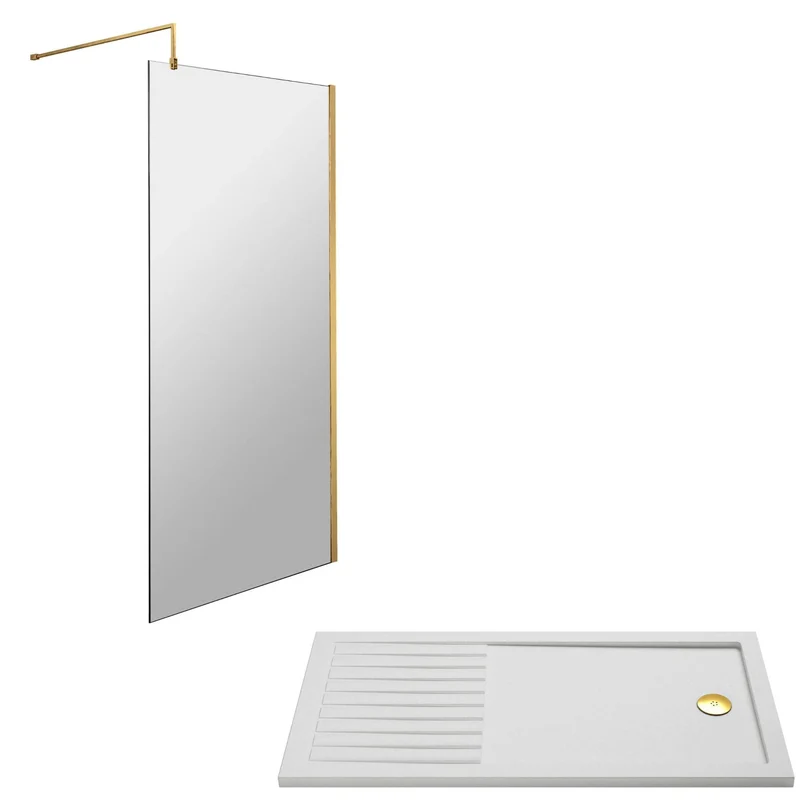 Vista 8mm Brushed Brass 1950mm Walk-In Shower Screen with Slip-Resistant Walk In Tray & Waste Bundle
